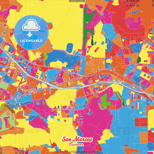 San Marcos, California, United States Crazy Colorful Street Map Poster Template