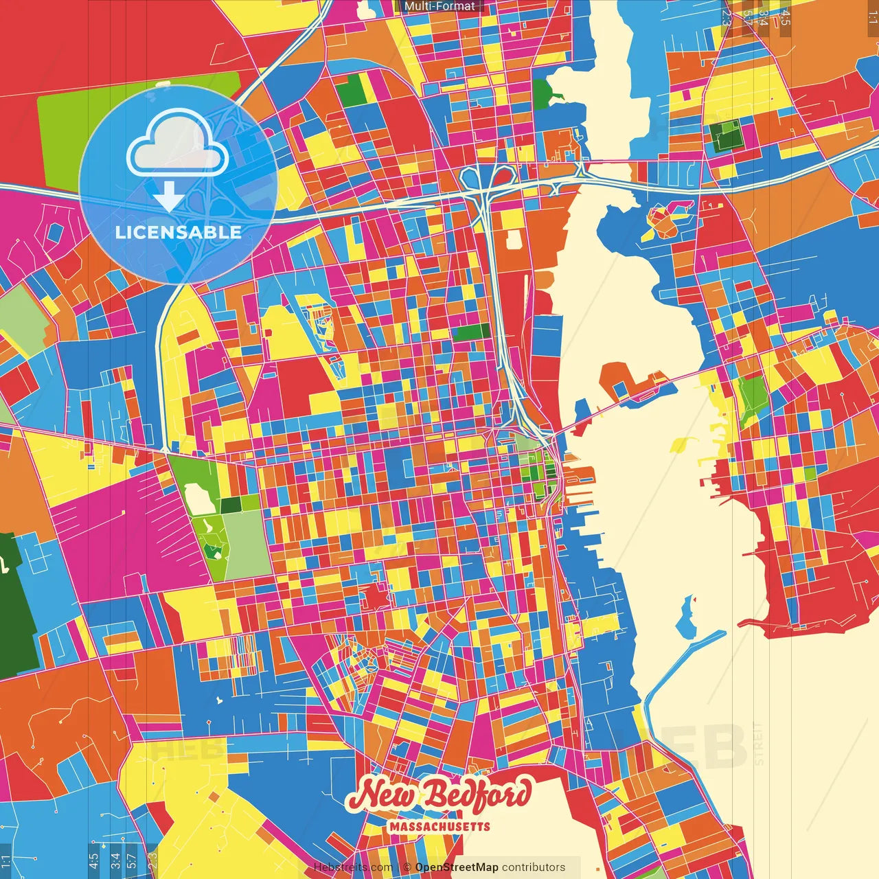 New Bedford, Massachusetts, United States Crazy Colorful Street Map Poster Template