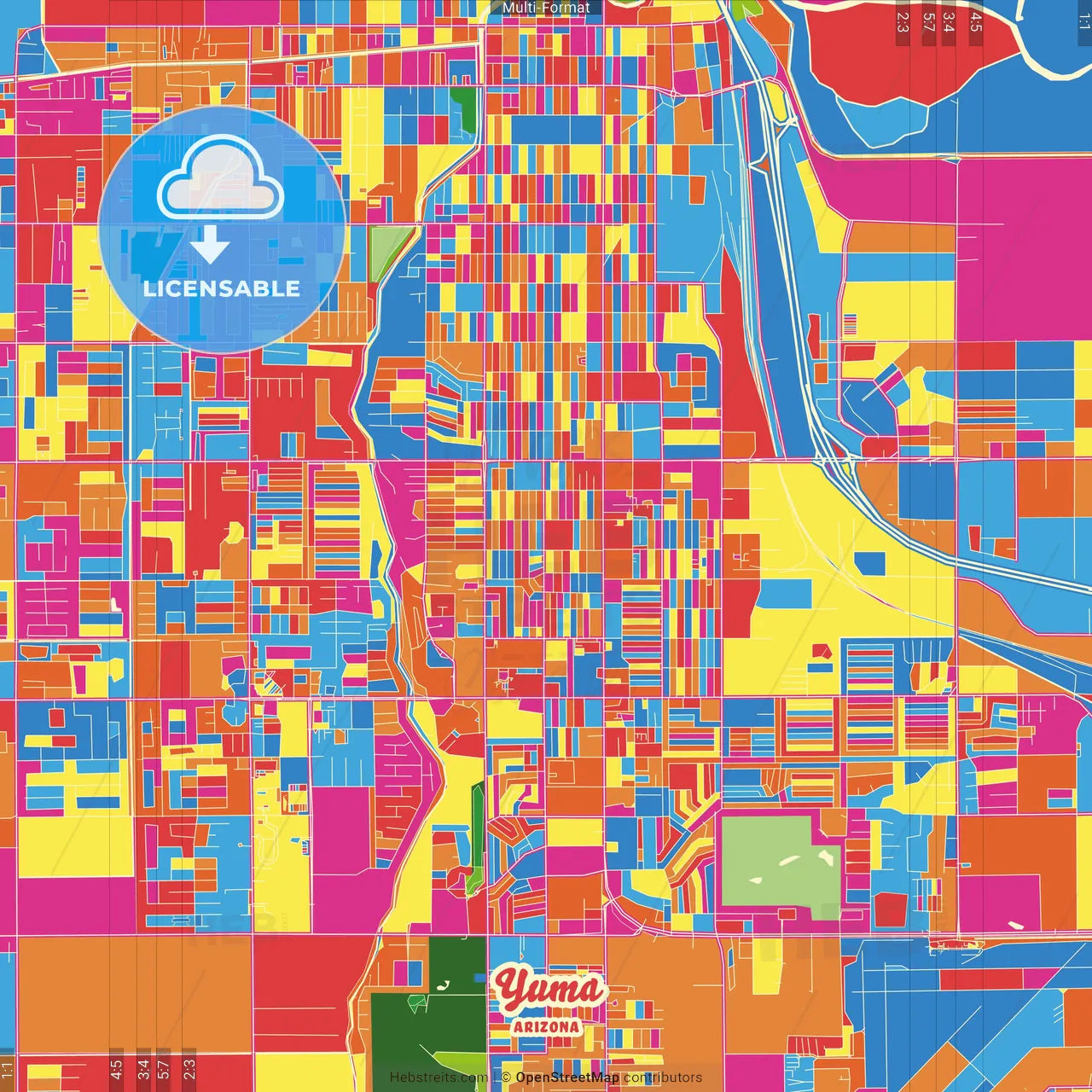 Yuma, Arizona, United States Crazy Colorful Street Map Poster Template