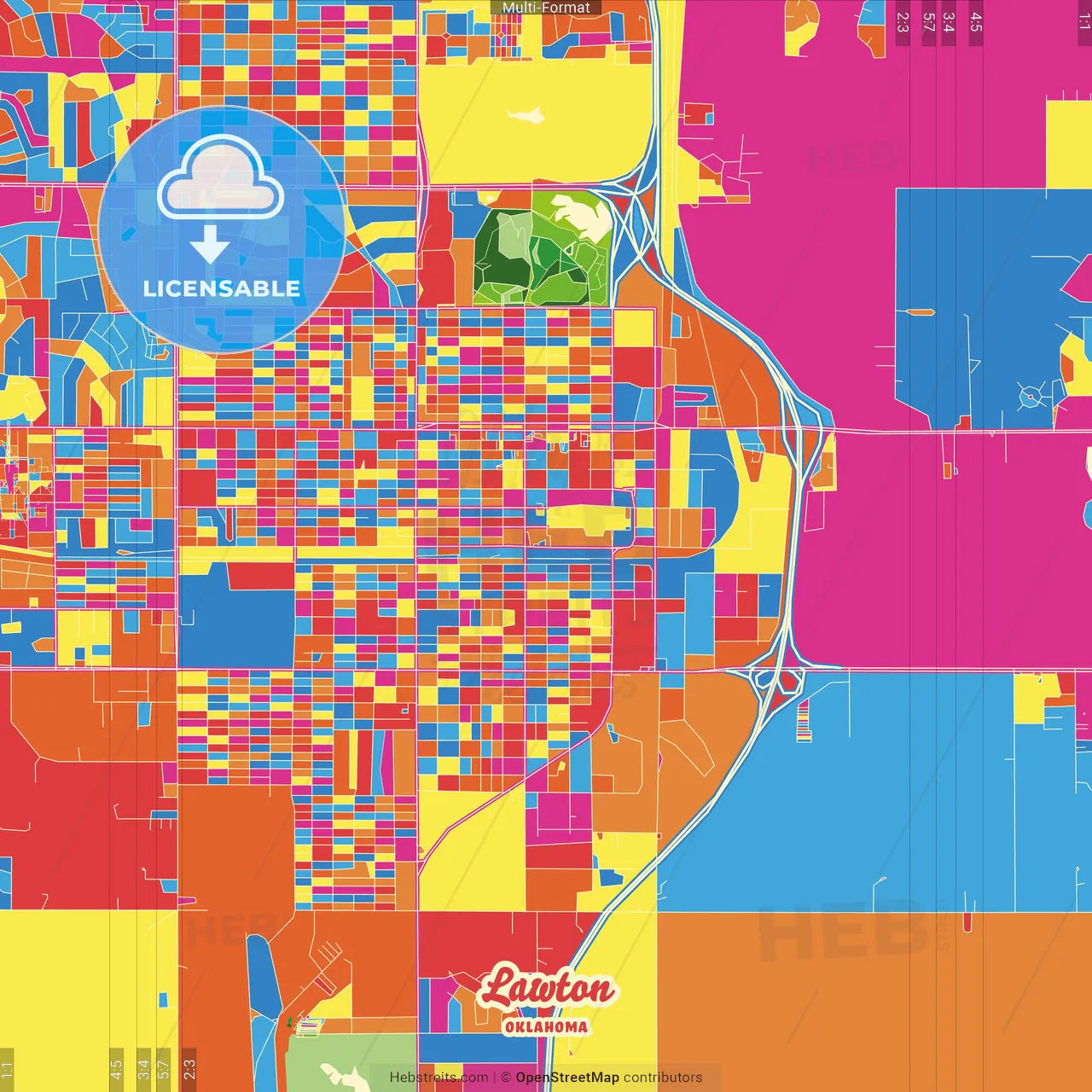 Lawton, Oklahoma, United States Crazy Colorful Street Map Poster Template