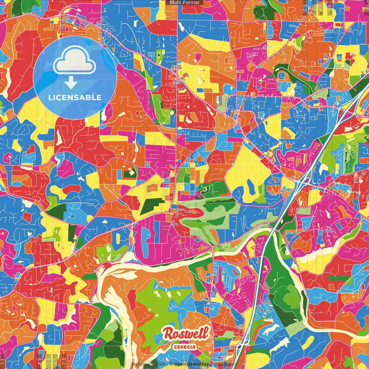 Roswell, Georgia, United States Crazy Colorful Street Map Poster Template