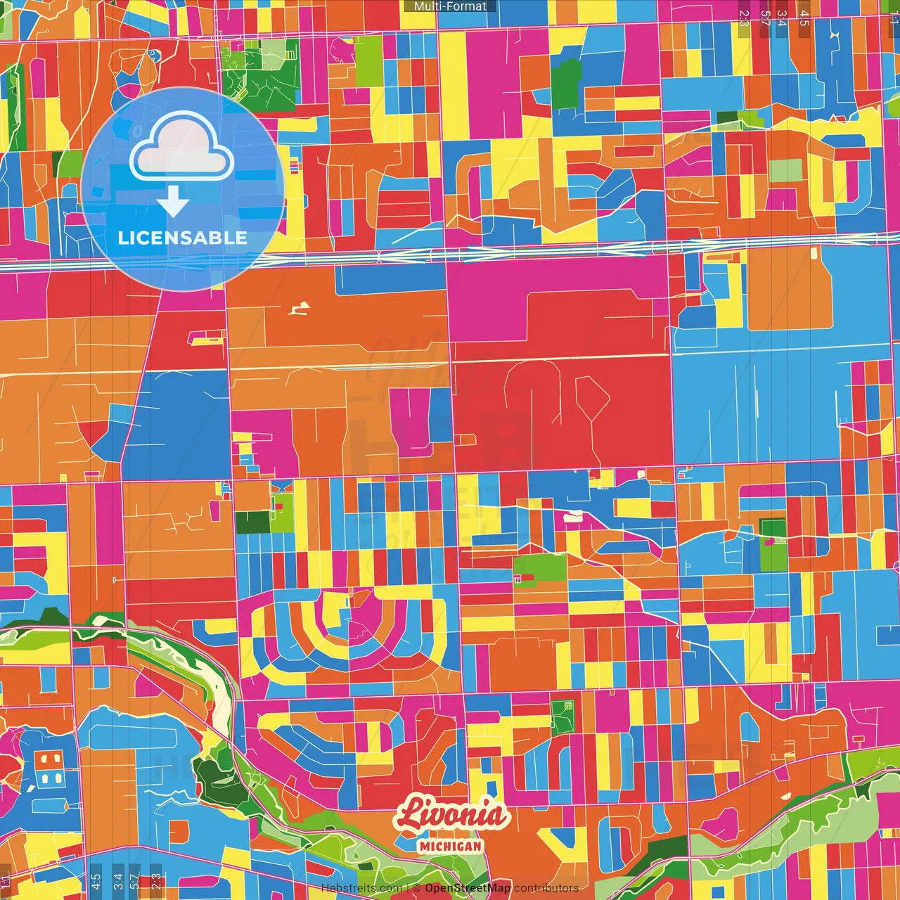 Livonia, Michigan, United States Crazy Colorful Street Map Poster Template