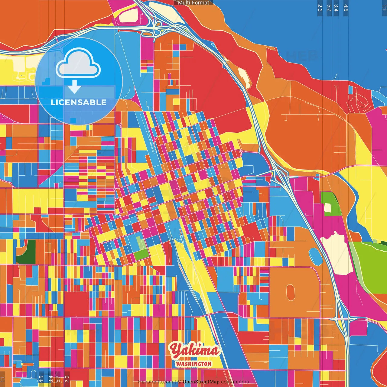 Yakima, Washington, United States Crazy Colorful Street Map Poster Template