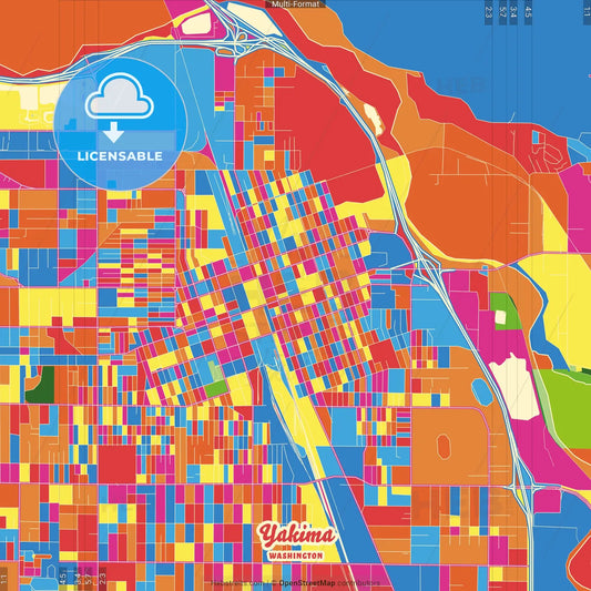 Yakima, Washington, United States Crazy Colorful Street Map Poster Template