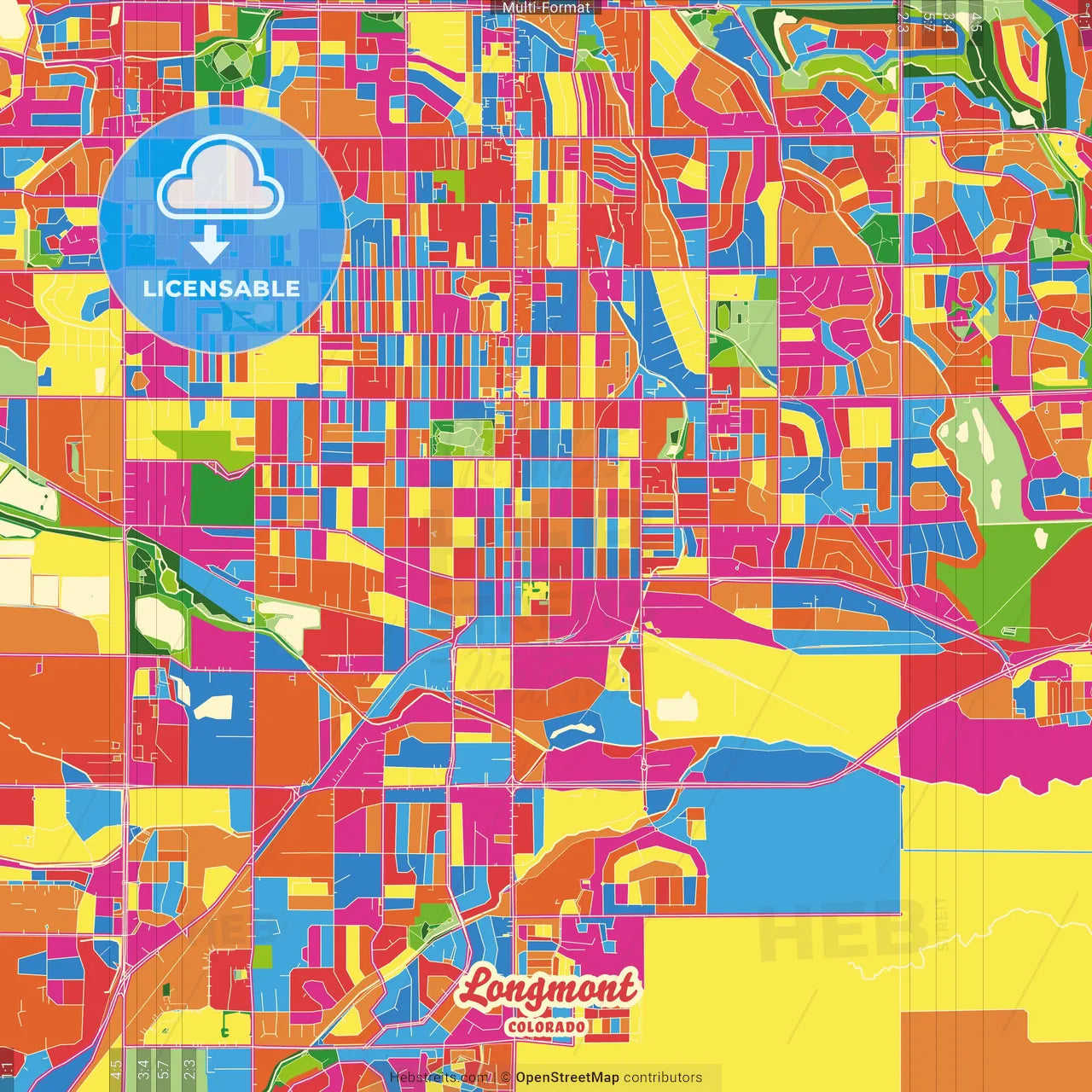 Longmont, Colorado, United States Crazy Colorful Street Map Poster Template