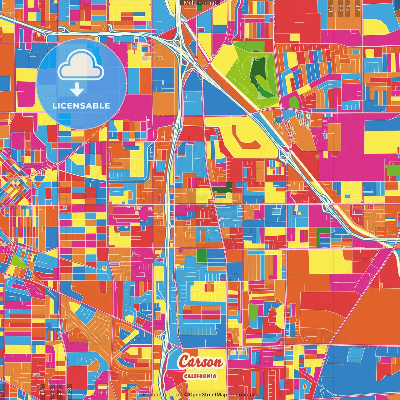 Carson, California, United States Crazy Colorful Street Map Poster Template
