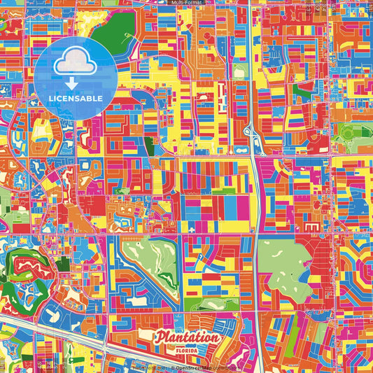 Plantation, Florida, United States Crazy Colorful Street Map Poster Template