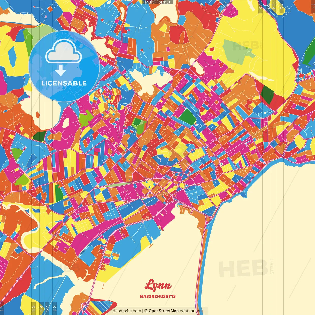 Lynn, Massachusetts, United States Crazy Colorful Street Map Poster Template
