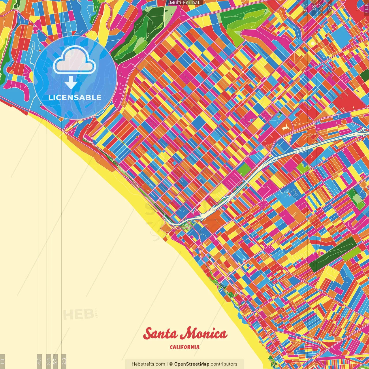 Santa Monica, California, United States Crazy Colorful Street Map Poster Template