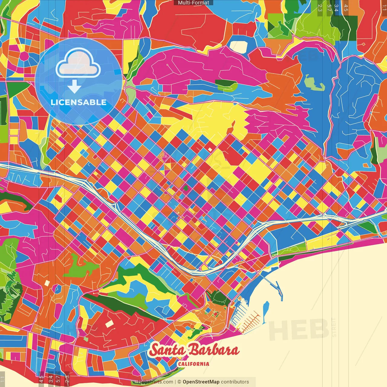 Santa Barbara, California, United States Crazy Colorful Street Map Poster Template