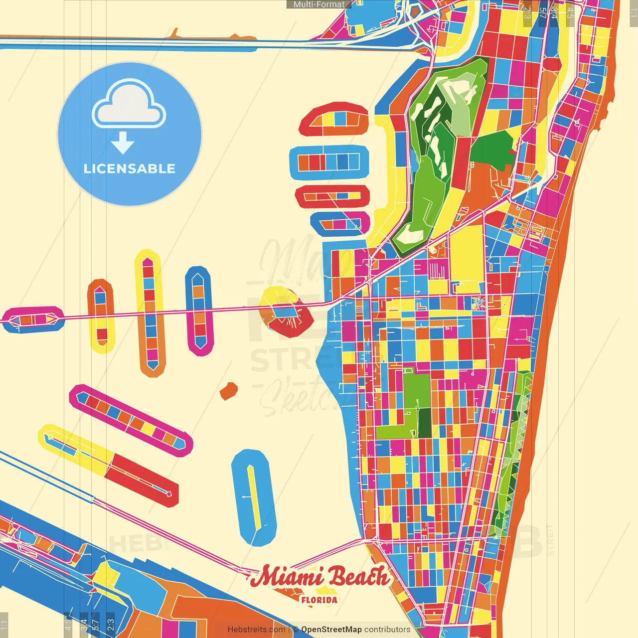 Miami Beach, Florida, United States Crazy Colorful Street Map Poster Template