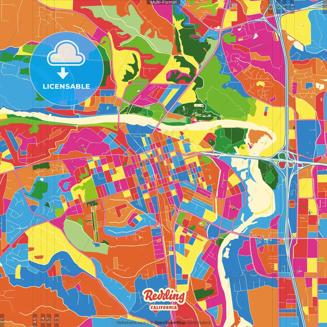 Redding, California, United States Crazy Colorful Street Map Poster Template