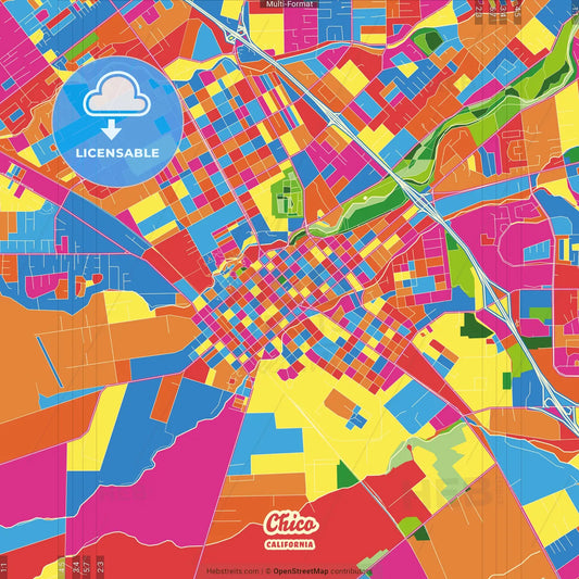 Chico, California, United States Crazy Colorful Street Map Poster Template