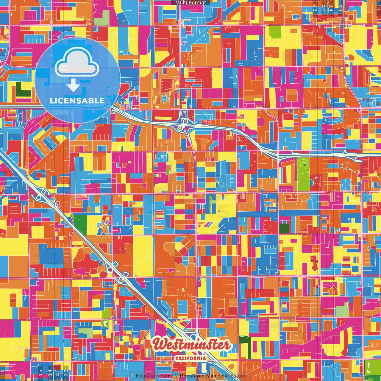 Westminster, California, United States Crazy Colorful Street Map Poster Template