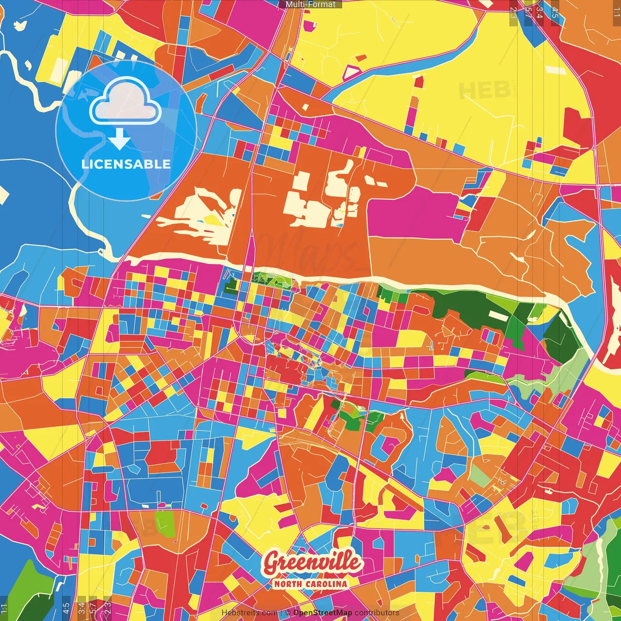 Greenville, North Carolina, United States Crazy Colorful Street Map Poster Template