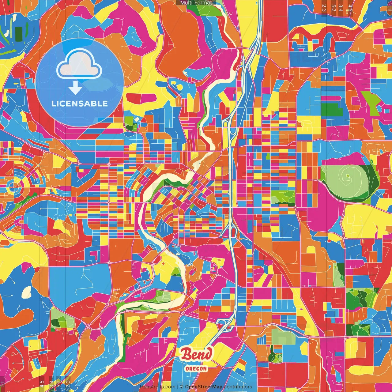 Bend, Oregon, United States Crazy Colorful Street Map Poster Template