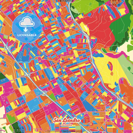 San Leandro, California, United States Crazy Colorful Street Map Poster Template