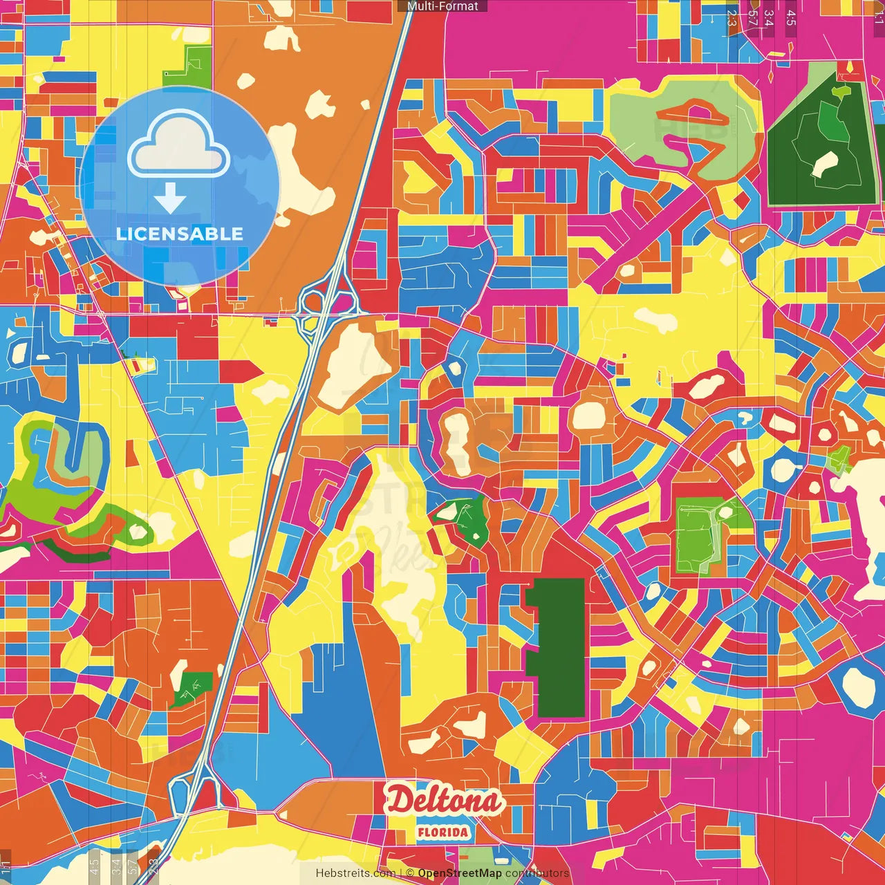 Deltona, Florida, United States Crazy Colorful Street Map Poster Template