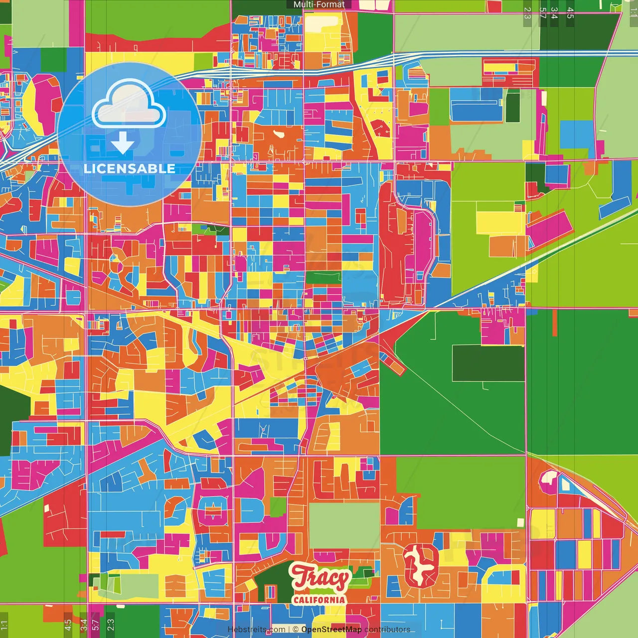 Tracy, California, United States Crazy Colorful Street Map Poster Template