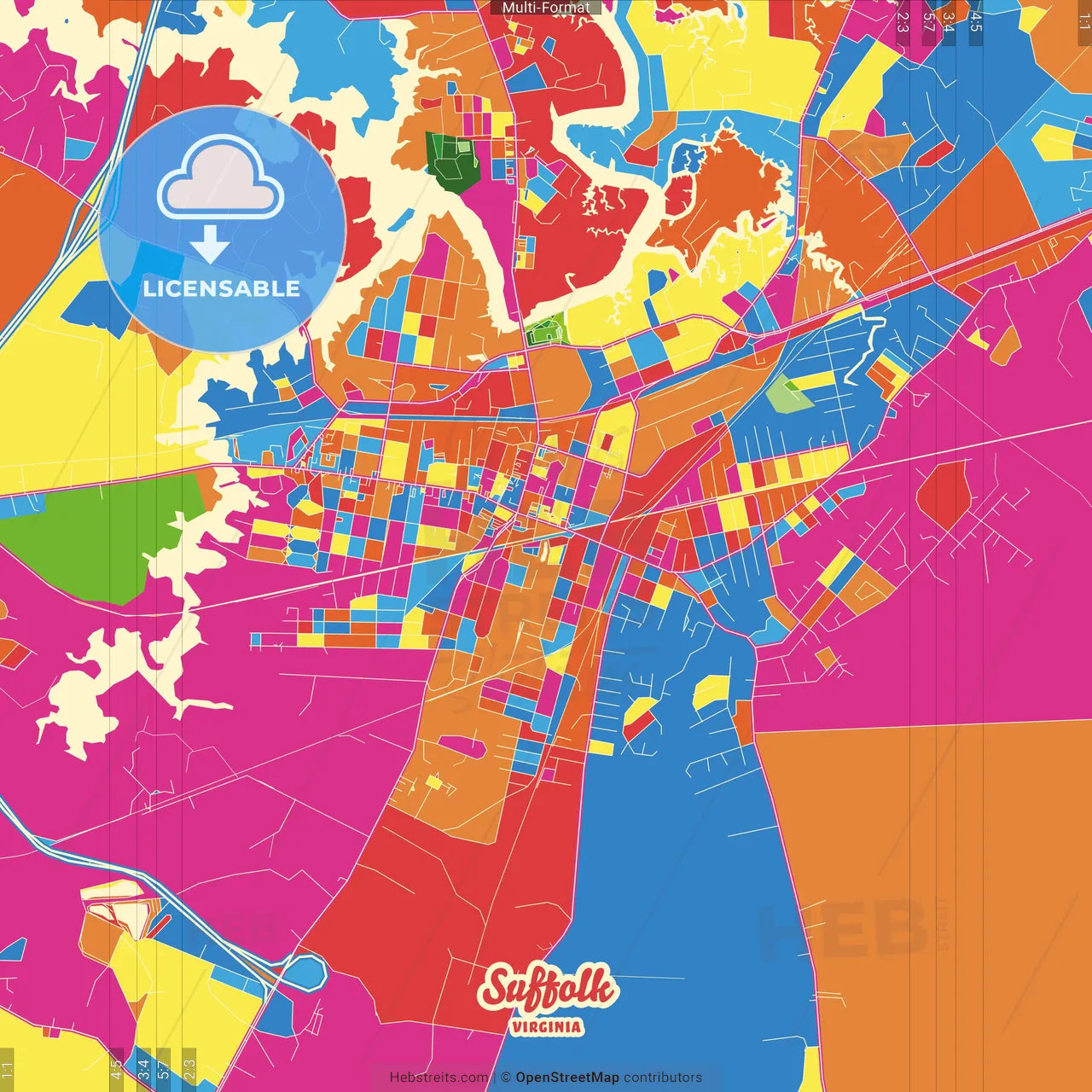 Suffolk, Virginia, United States Crazy Colorful Street Map Poster Template