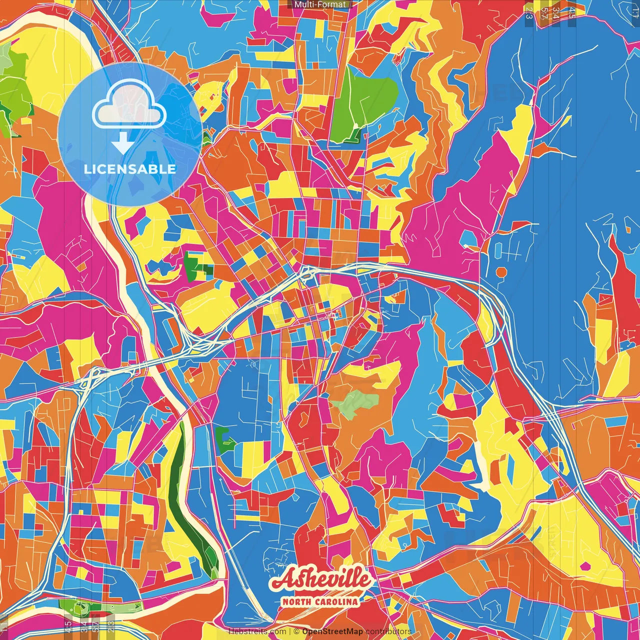 Asheville, North Carolina, United States Crazy Colorful Street Map Poster Template