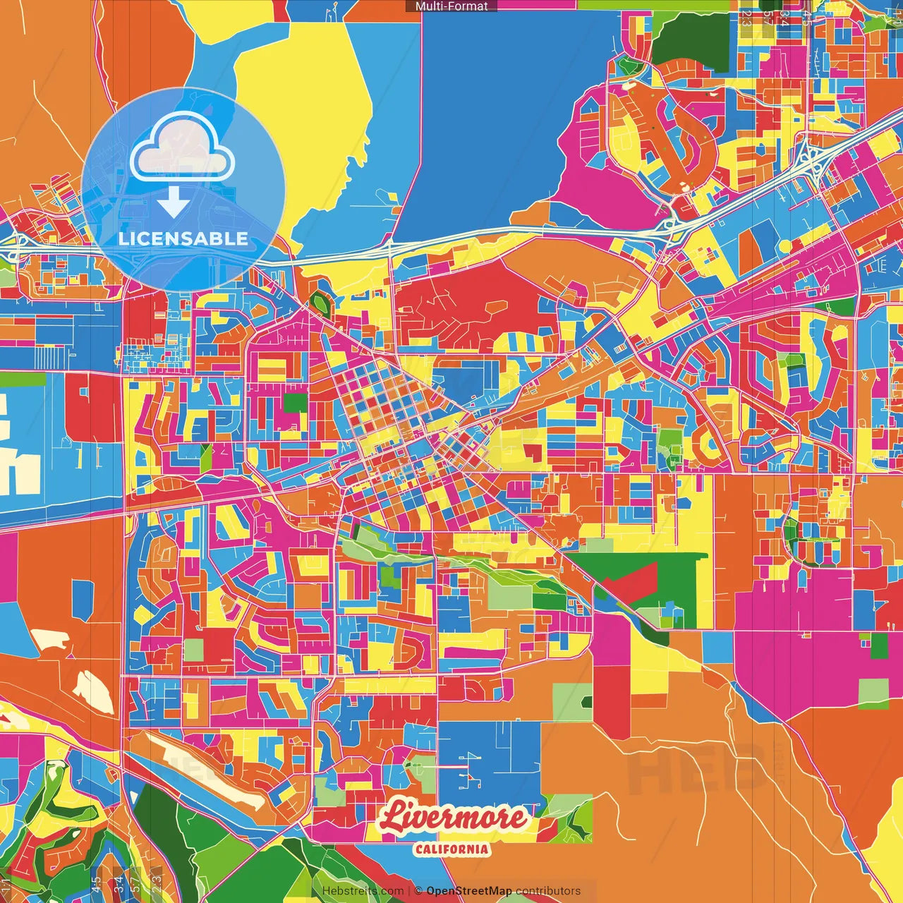 Livermore, California, United States Crazy Colorful Street Map Poster Template