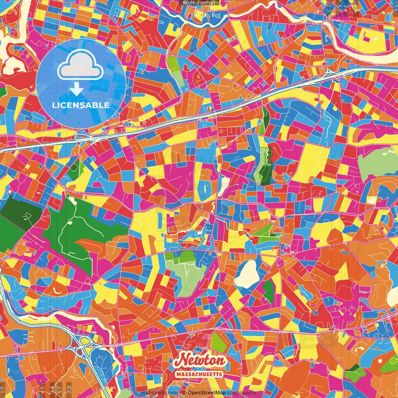 Newton, Massachusetts, United States Crazy Colorful Street Map Poster Template