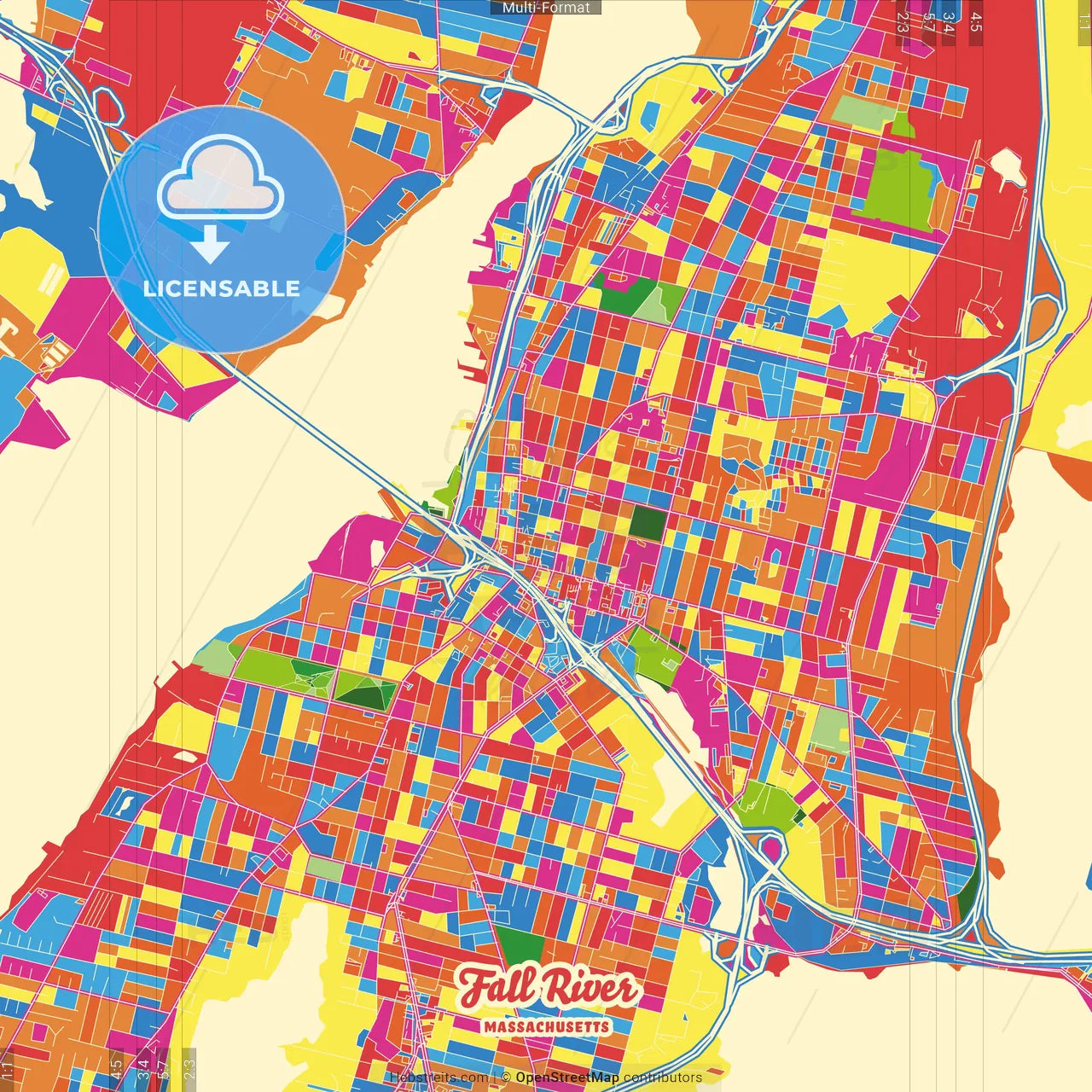 Fall River, Massachusetts, United States Crazy Colorful Street Map Poster Template