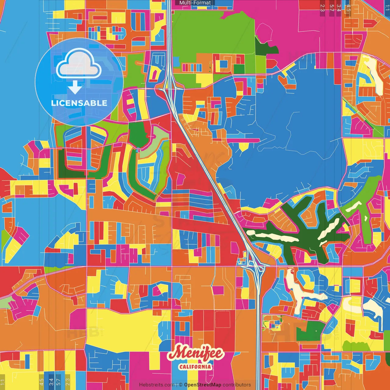 Menifee, California, United States Crazy Colorful Street Map Poster Template