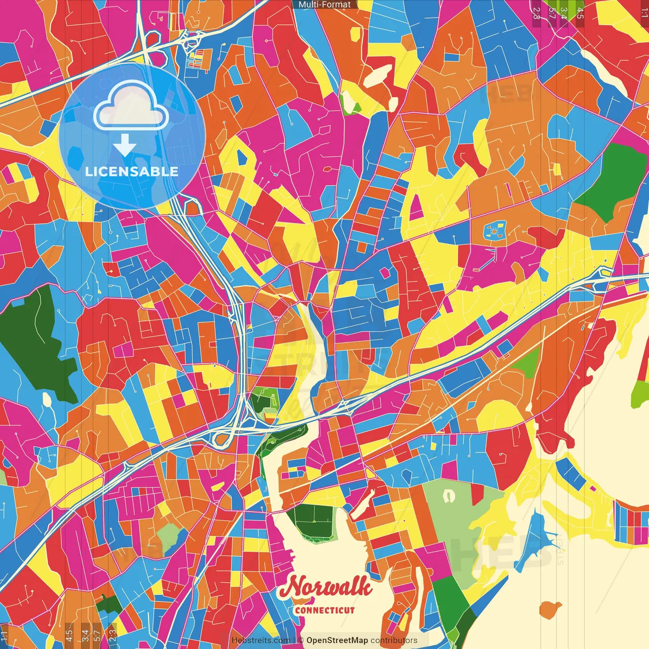 Norwalk, Connecticut, United States Crazy Colorful Street Map Poster Template