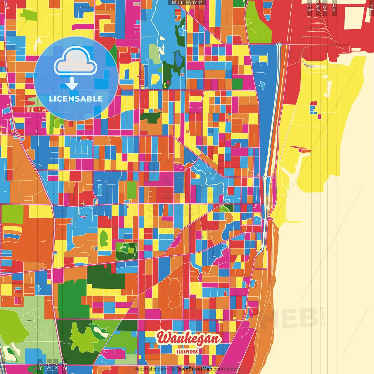 Waukegan, Illinois, United States Crazy Colorful Street Map Poster Template
