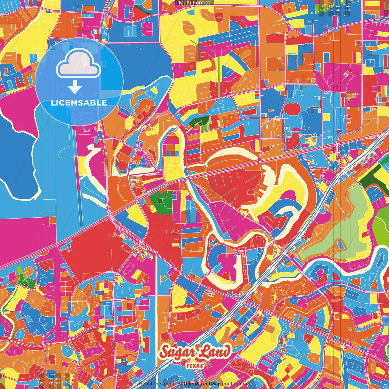 Sugar Land, Texas, United States Crazy Colorful Street Map Poster Template