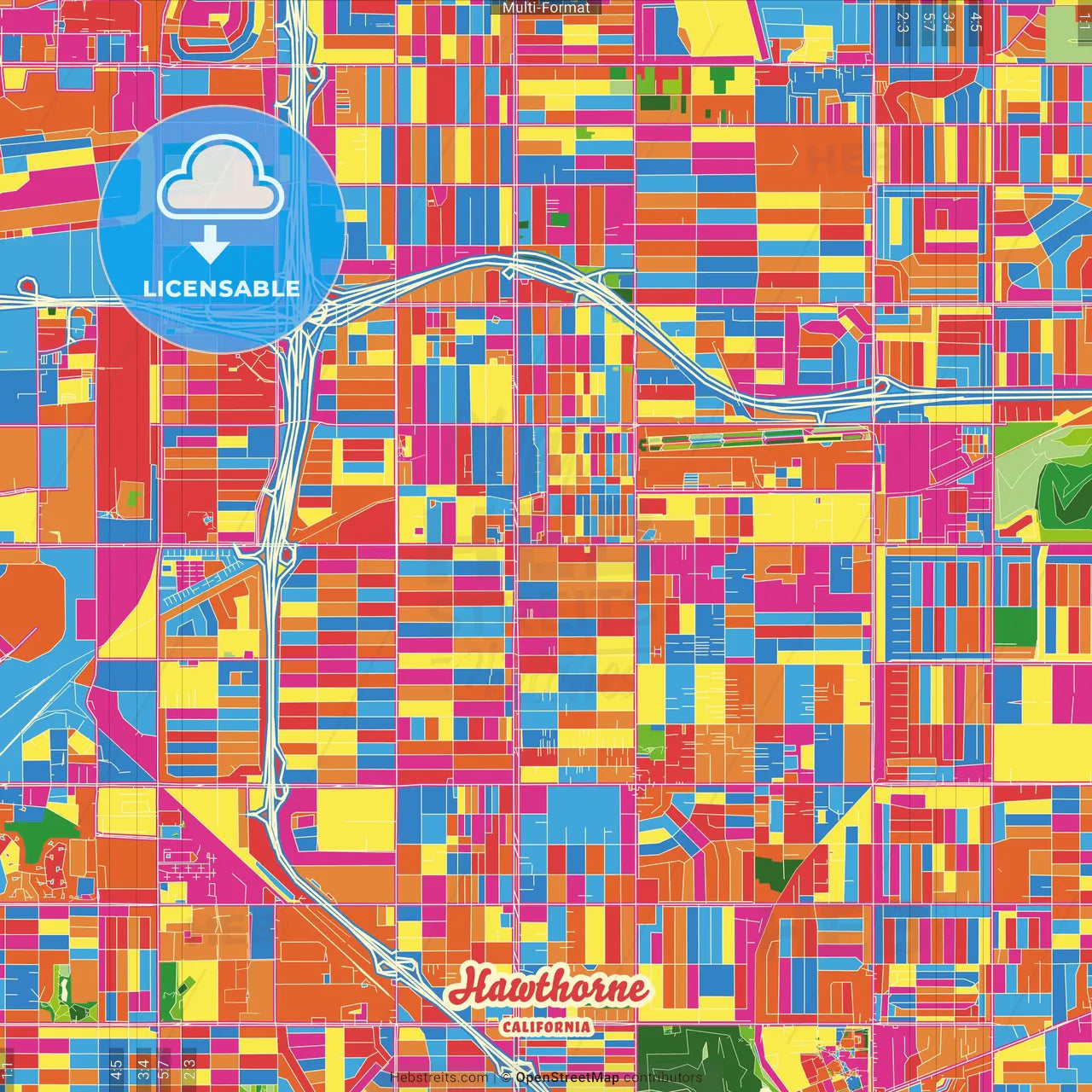 Hawthorne, California, United States Crazy Colorful Street Map Poster Template
