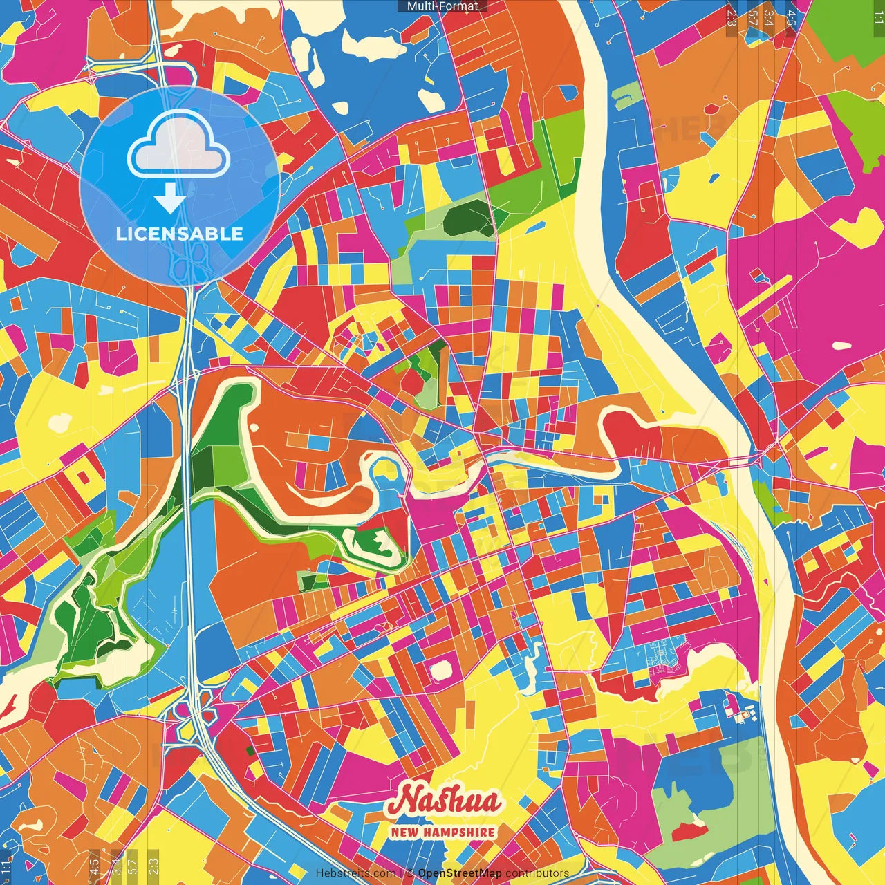 Nashua, New Hampshire, United States Crazy Colorful Street Map Poster Template