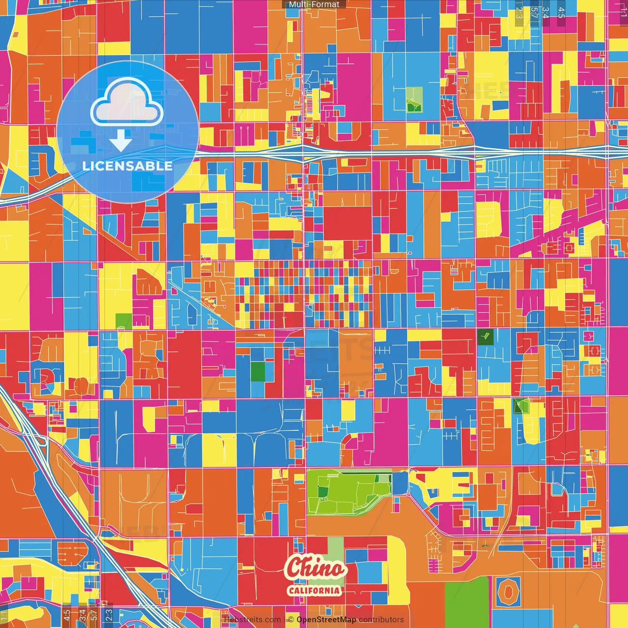 Chino, California, United States Crazy Colorful Street Map Poster Template