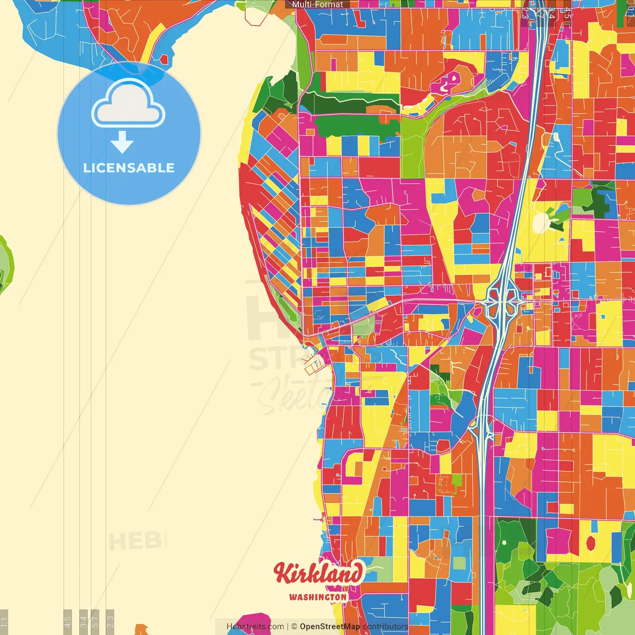 Kirkland, Washington, United States Crazy Colorful Street Map Poster Template
