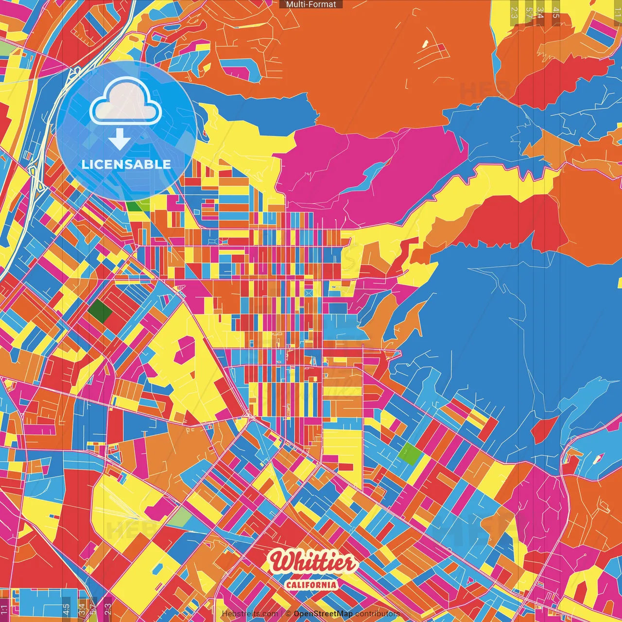 Whittier, California, United States Crazy Colorful Street Map Poster Template