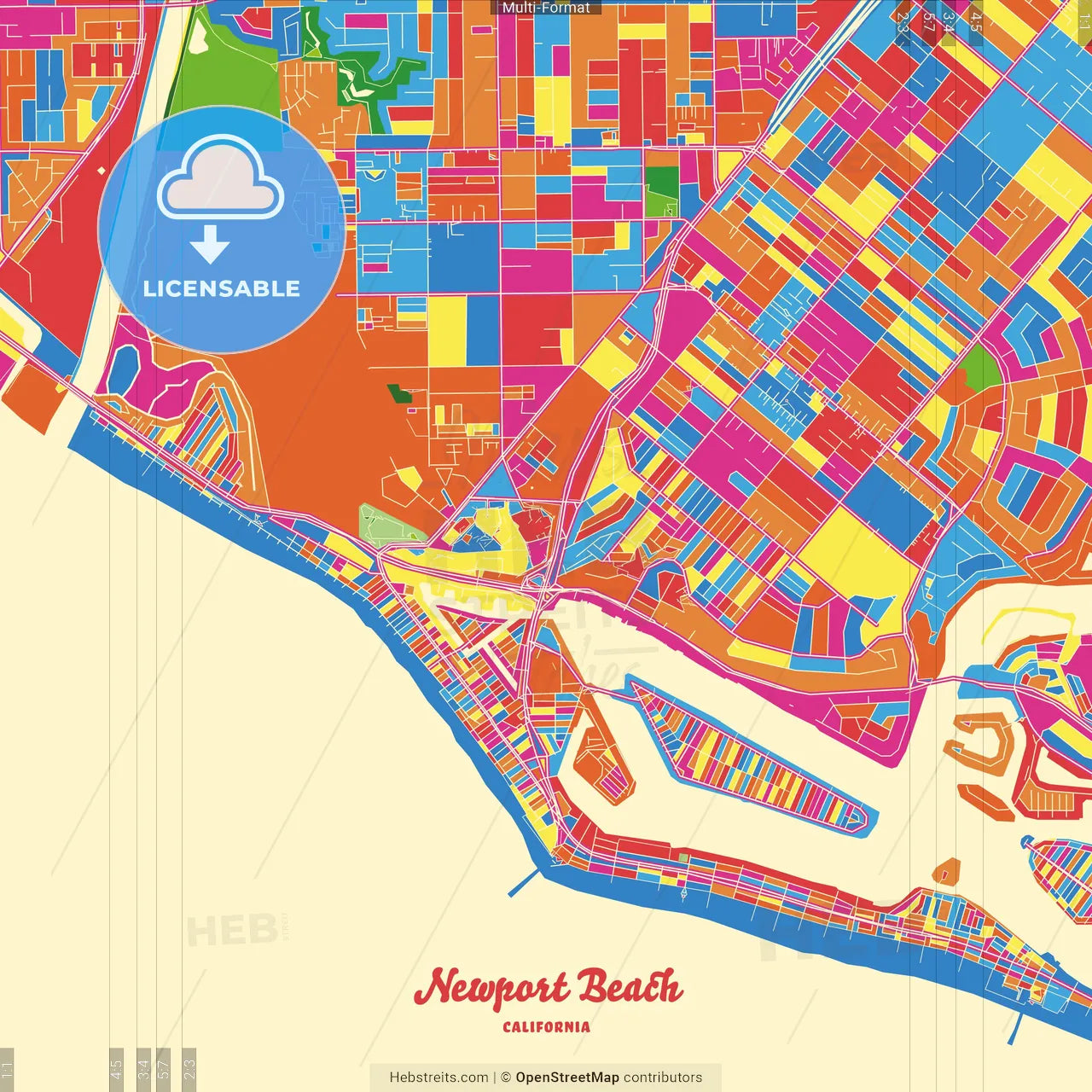 Newport Beach, California, United States Crazy Colorful Street Map Poster Template