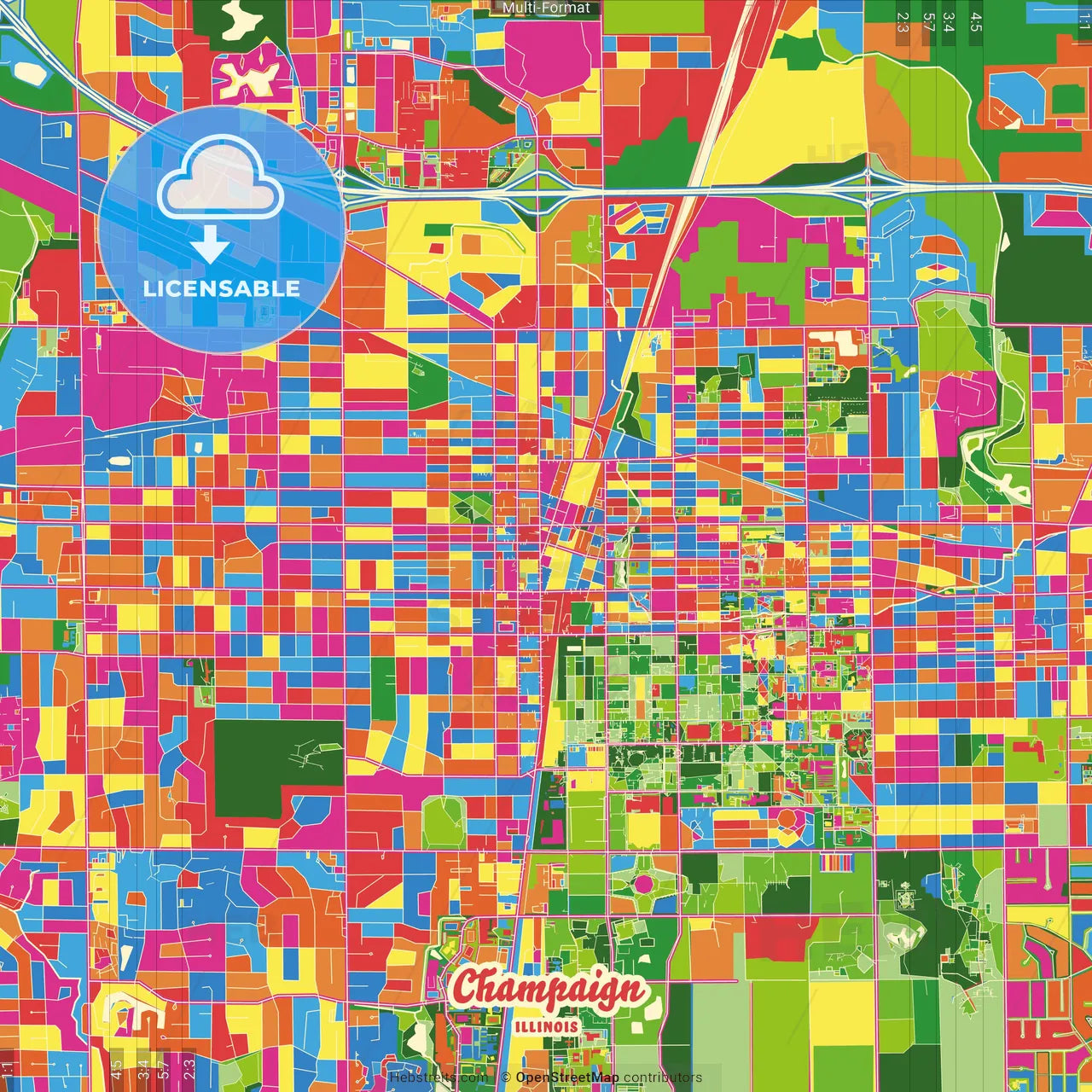 Champaign, Illinois, United States Crazy Colorful Street Map Poster Template