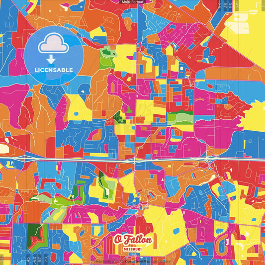 O Fallon, Missouri, United States Crazy Colorful Street Map Poster Template