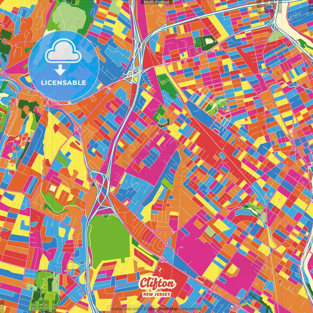 Clifton, New Jersey, United States Crazy Colorful Street Map Poster Template