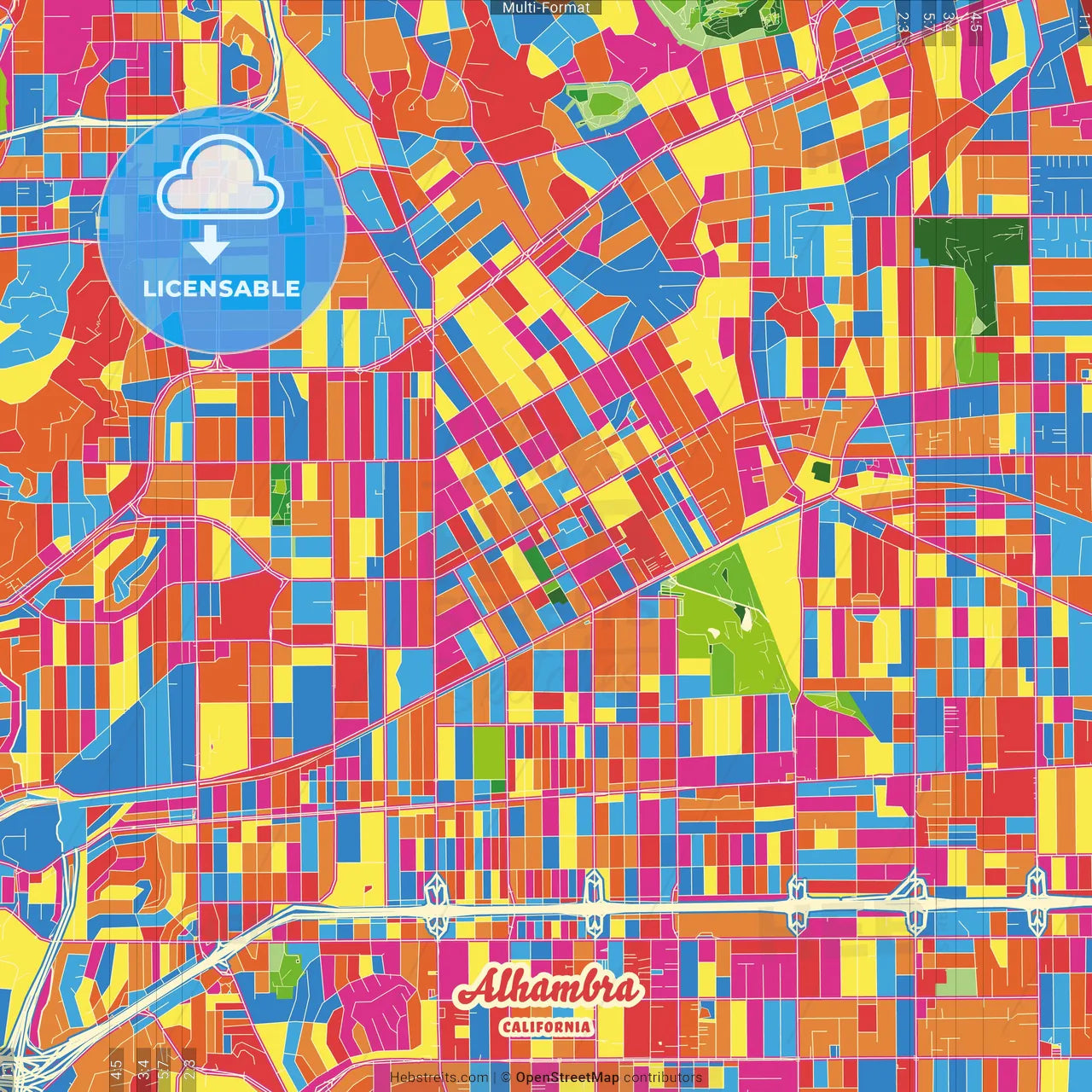 Alhambra, California, United States Crazy Colorful Street Map Poster Template