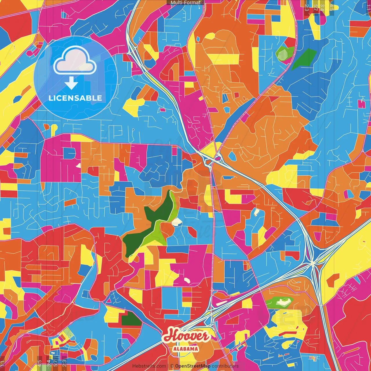 Hoover, Alabama, United States Crazy Colorful Street Map Poster Template