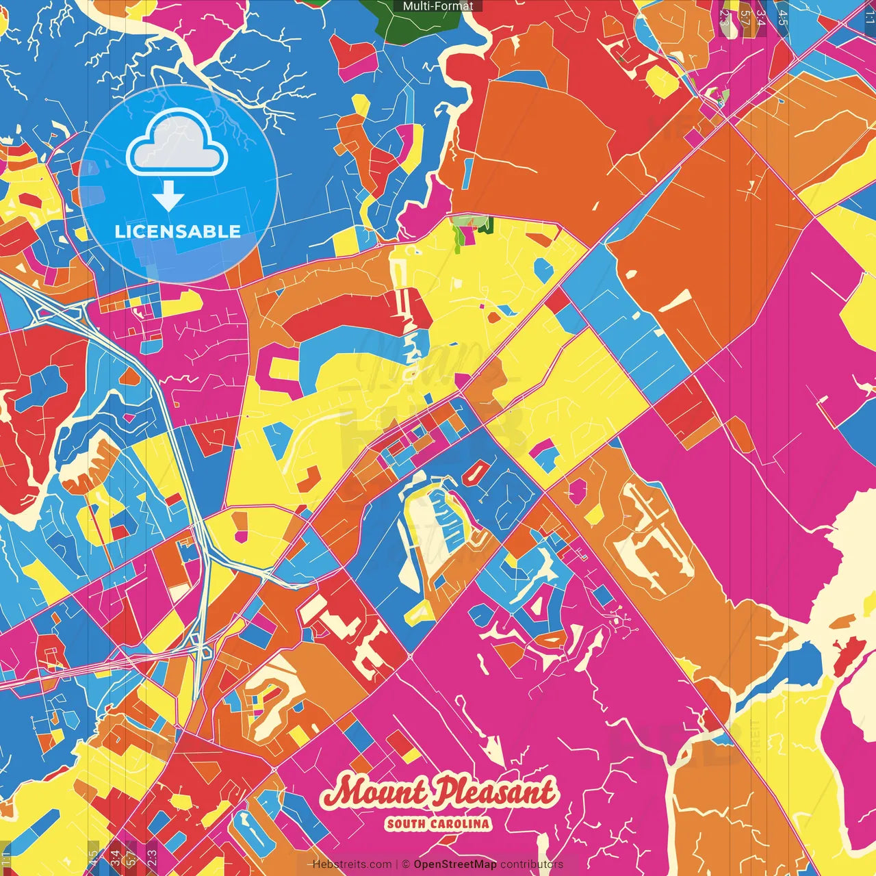 Mount Pleasant, South Carolina, United States Crazy Colorful Street Map Poster Template