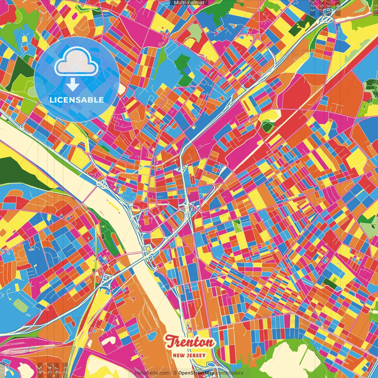 Trenton, New Jersey, United States Crazy Colorful Street Map Poster Template