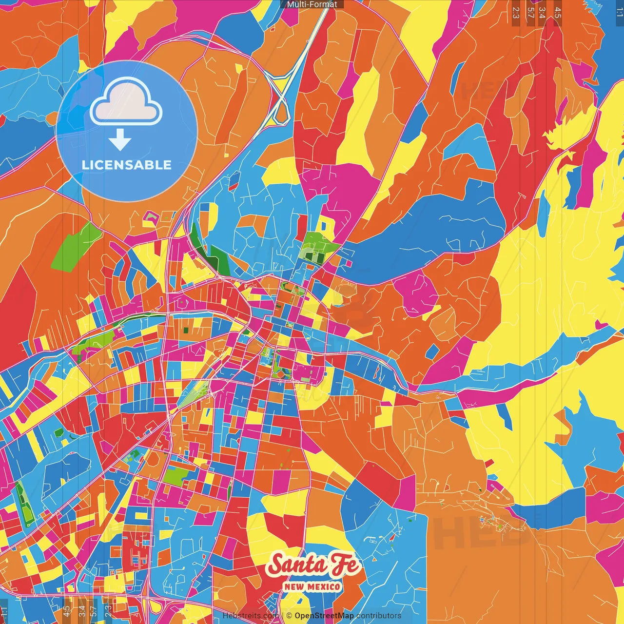 Santa Fe, New Mexico, United States Crazy Colorful Street Map Poster Template