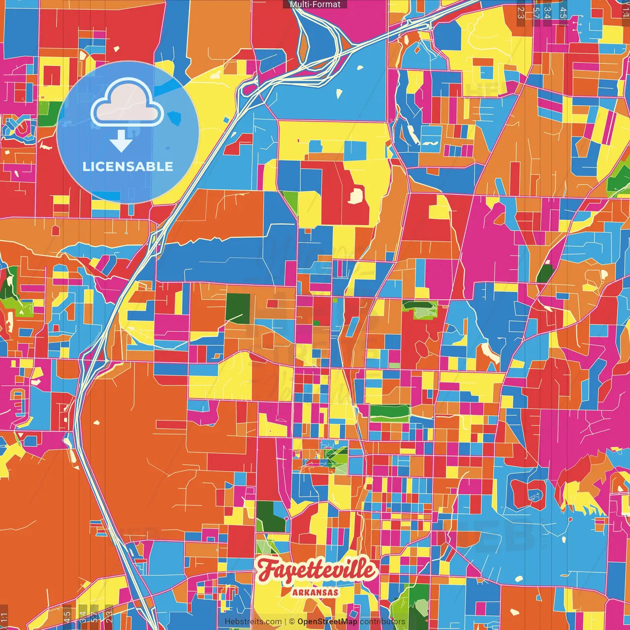 Fayetteville, Arkansas, United States Crazy Colorful Street Map Poster Template