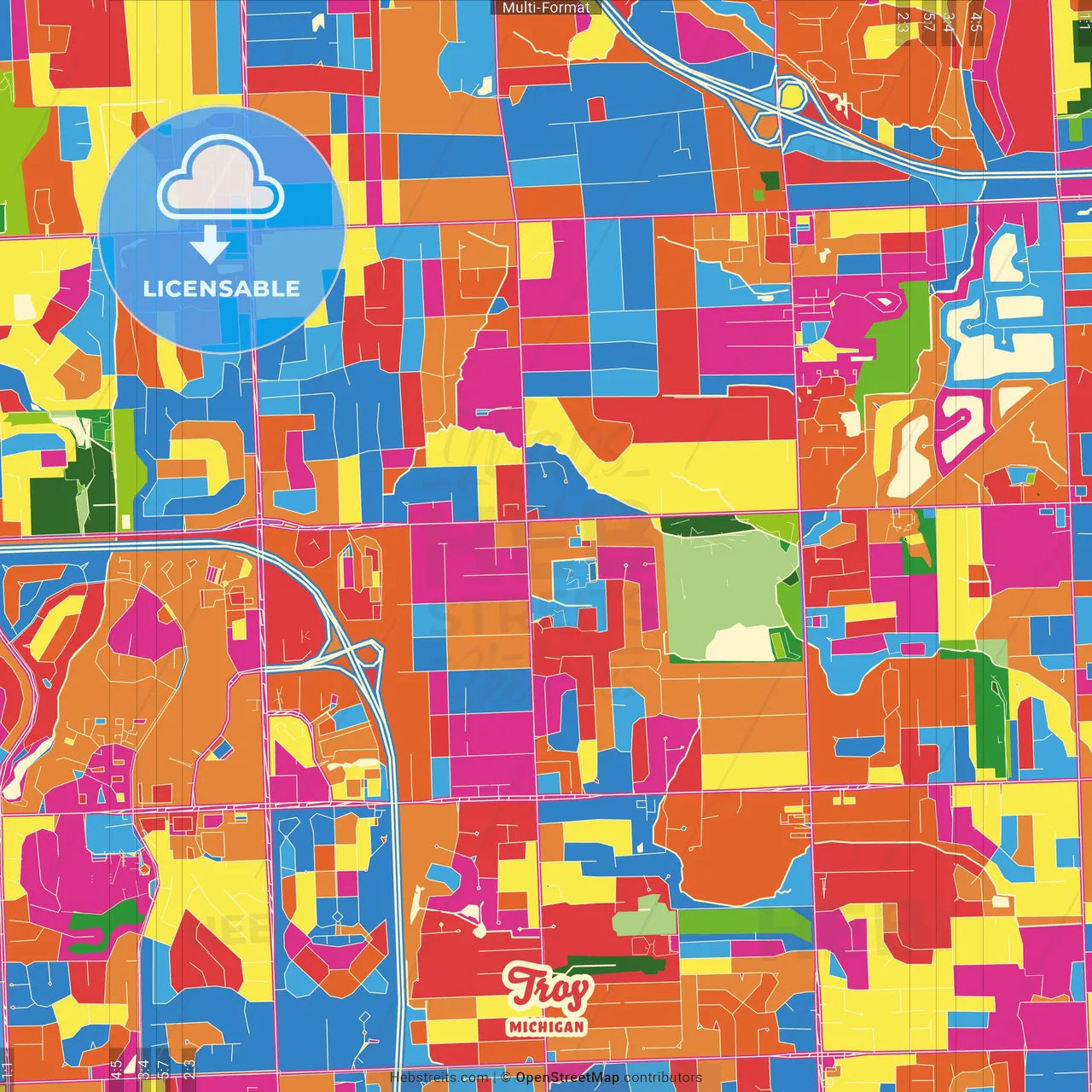 Troy, Michigan, United States Crazy Colorful Street Map Poster Template