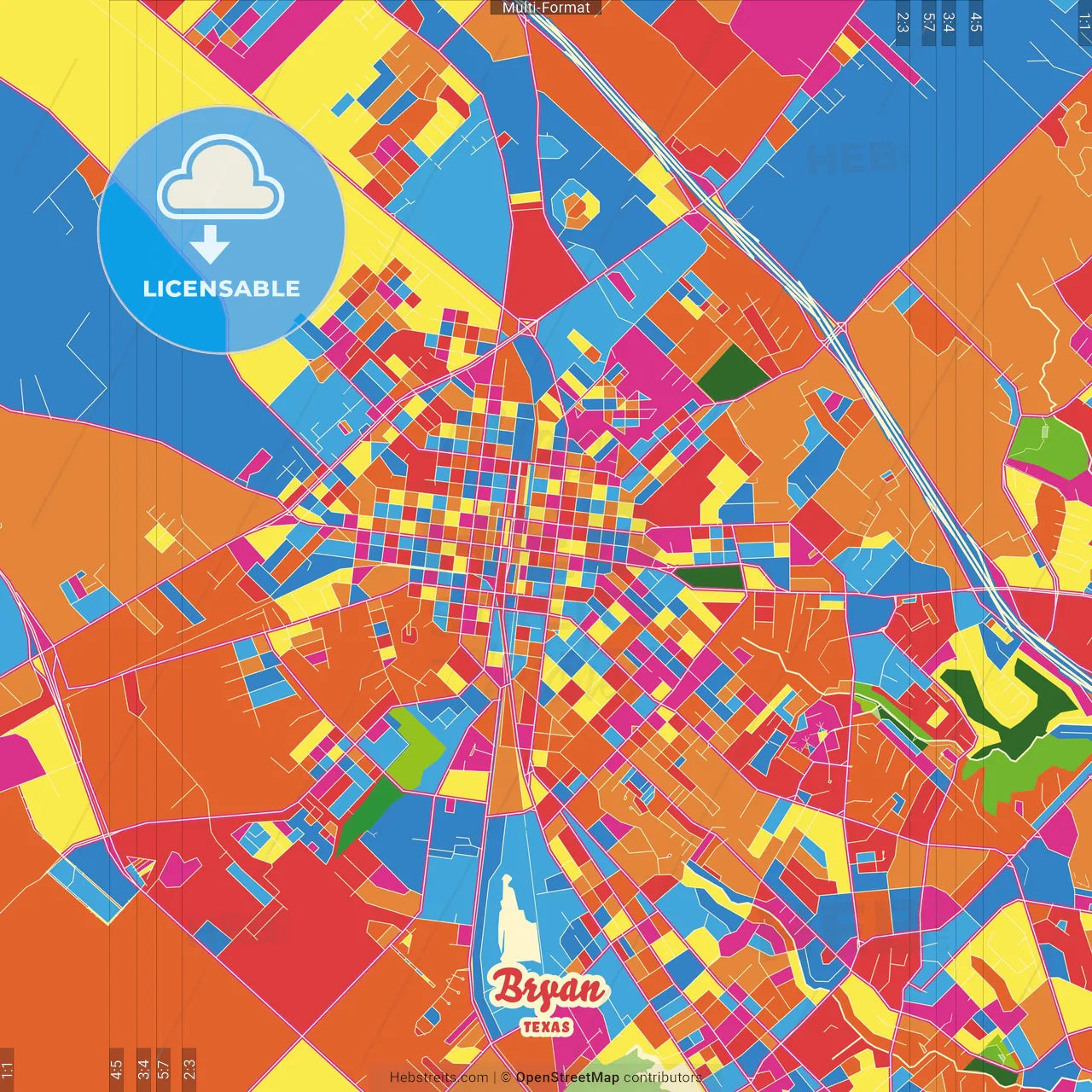 Bryan, Texas, United States Crazy Colorful Street Map Poster Template