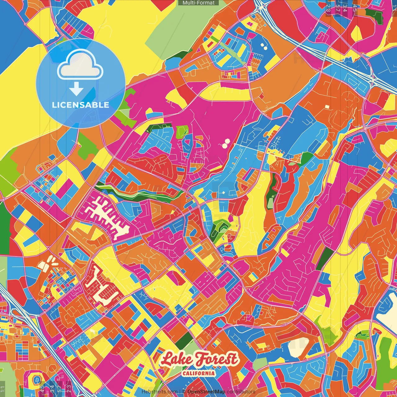 Lake Forest, California, United States Crazy Colorful Street Map Poster Template